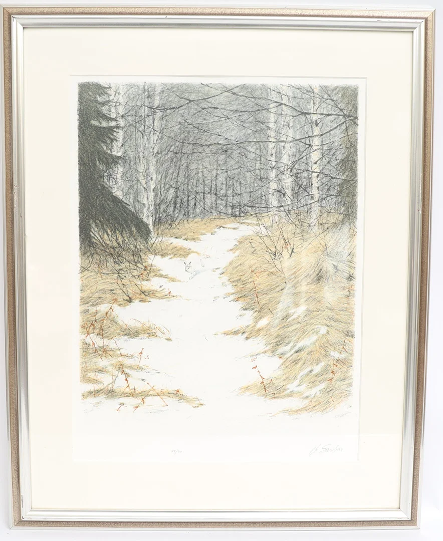 LENNART SAND. Skogsbild med hare, färglitografi, signerad och numrerad, daterad 94. — Engravings & Prints — Falun Auktionsbyrå