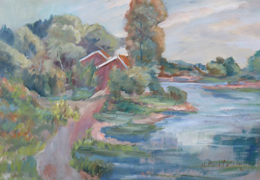 KATHARINA FONTAIN (1897-1970). olja på duk, hus vid vatten. — Paintings — Markus Auktioner