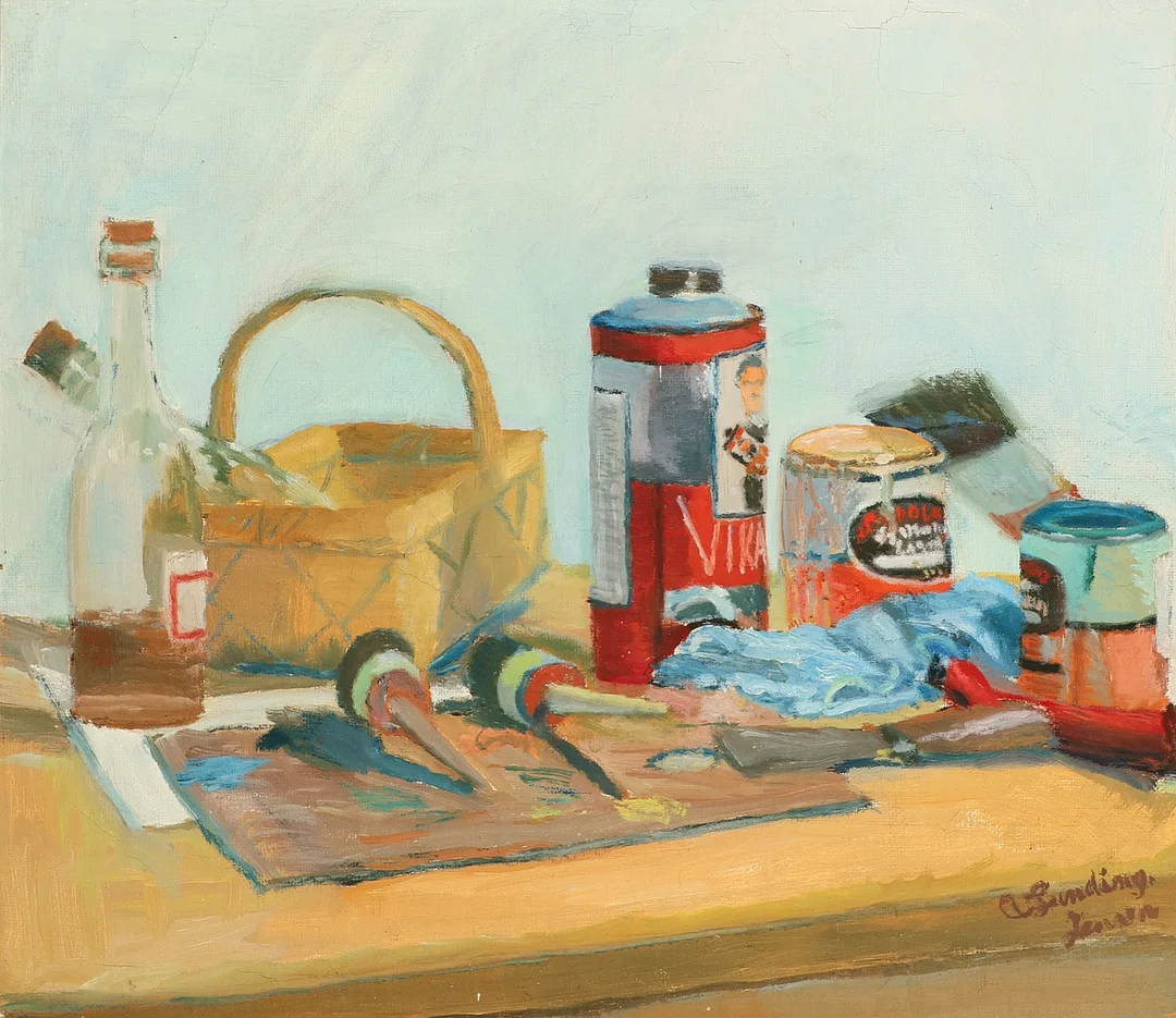UBEKENDT KUNSTNER 20 ÅRH. Stilleben med maler genstande, olie på lærred, signeret. — Paintings — Palsgaard Kunstauktioner