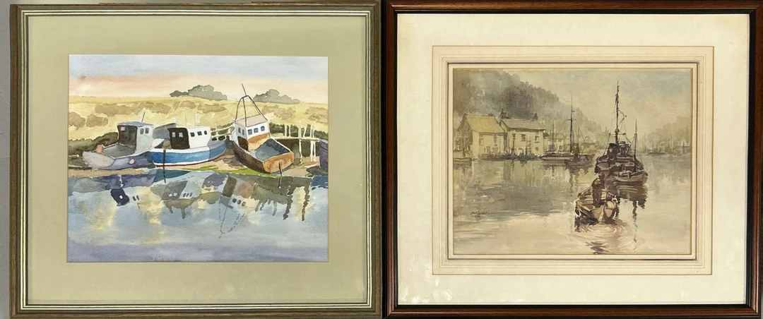 FRAMED WATERCOLOUR BOATYARD SCENE ETC. — Engravings & Prints — Chalkwell Auctions