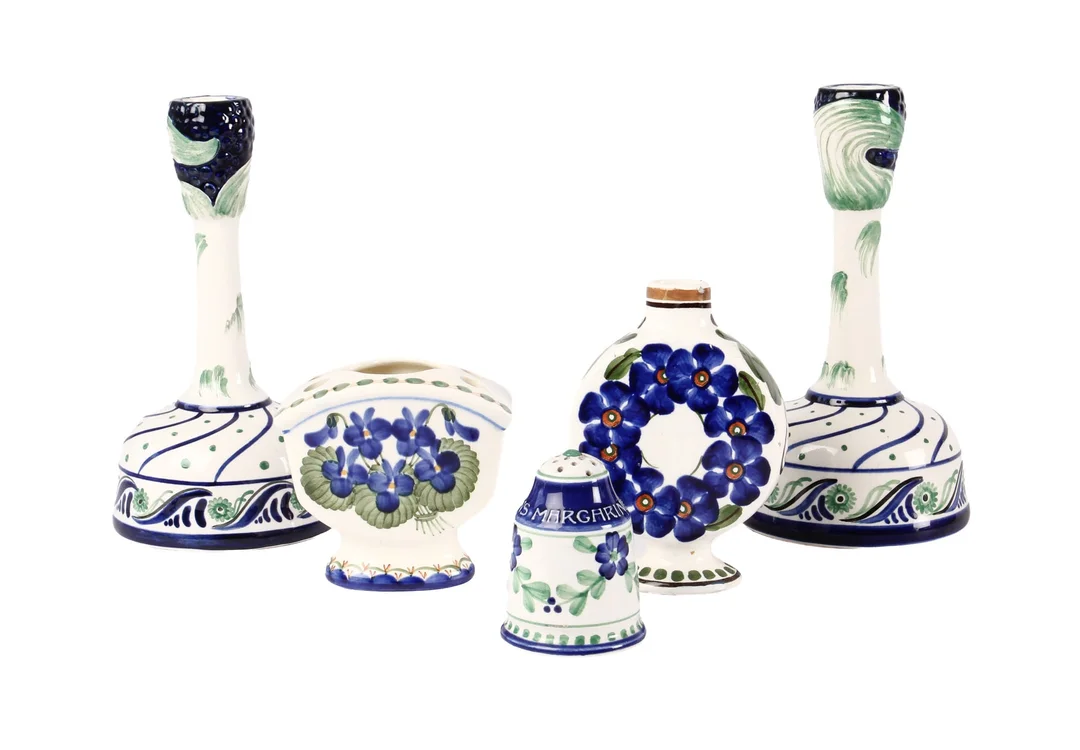 Christian Joachim for Aluminia pair of faience candlesticks etc. (5) — Glass, porcelain and ceramics/Other glass, porcelain and ceramics — Lauritz