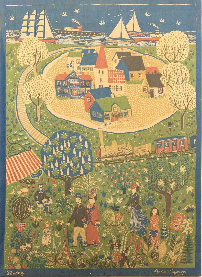 GRETA P:SON DIGMAN. Textiltryck, "Söndag", 1947. — Textiles — Karljohan Auktioner