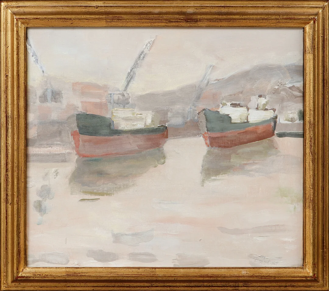 RUDOLF FLINK. "Götaverkens utrustningskaj", olja på duk, signerad och daterad -42. — Paintings — Göteborgs Auktionsverk