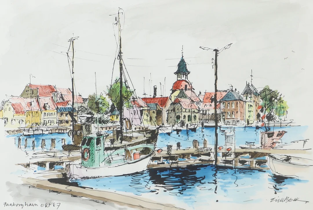 OIDENTIFIERAD KONSTNÄR. "Faaborgs hamn okt 87", färglitografi, otydligt signerad. — Engravings & Prints — Helsingborgs Auktionskammare