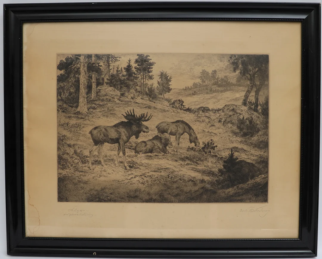 AXEL ÖSTERBERG. "Älgar på ..." etsning, signerad. — Engravings & Prints — Falun Auktionsbyrå