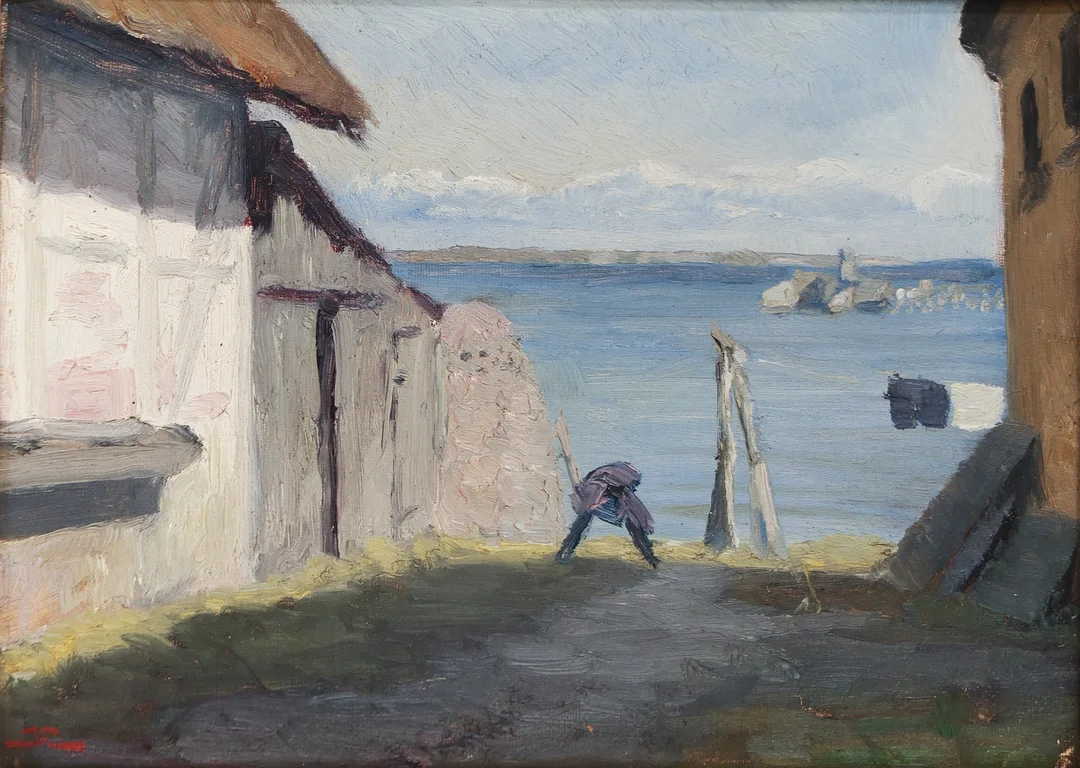 UBEKENDT KUNSTNER. Kystmotiv med udsigt imellem fiskerhuse, olie på lærred, signeret, 1800 tallets anden halvdel. — Paintings — Palsgaard Kunstauktioner