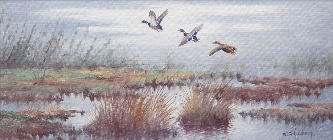 WALTER LILJENBERG. Sträckande gräsänder. Olja på duk, signerad. — Paintings — Auktionshuset Thelin & Johansson