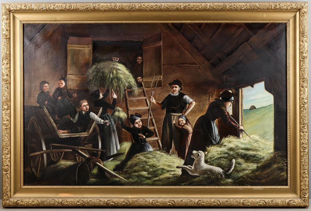 OKÄND KONSTNÄR Olja på duk, interiör i lada. — Paintings — Karlstad Hammarö Auktionsverk