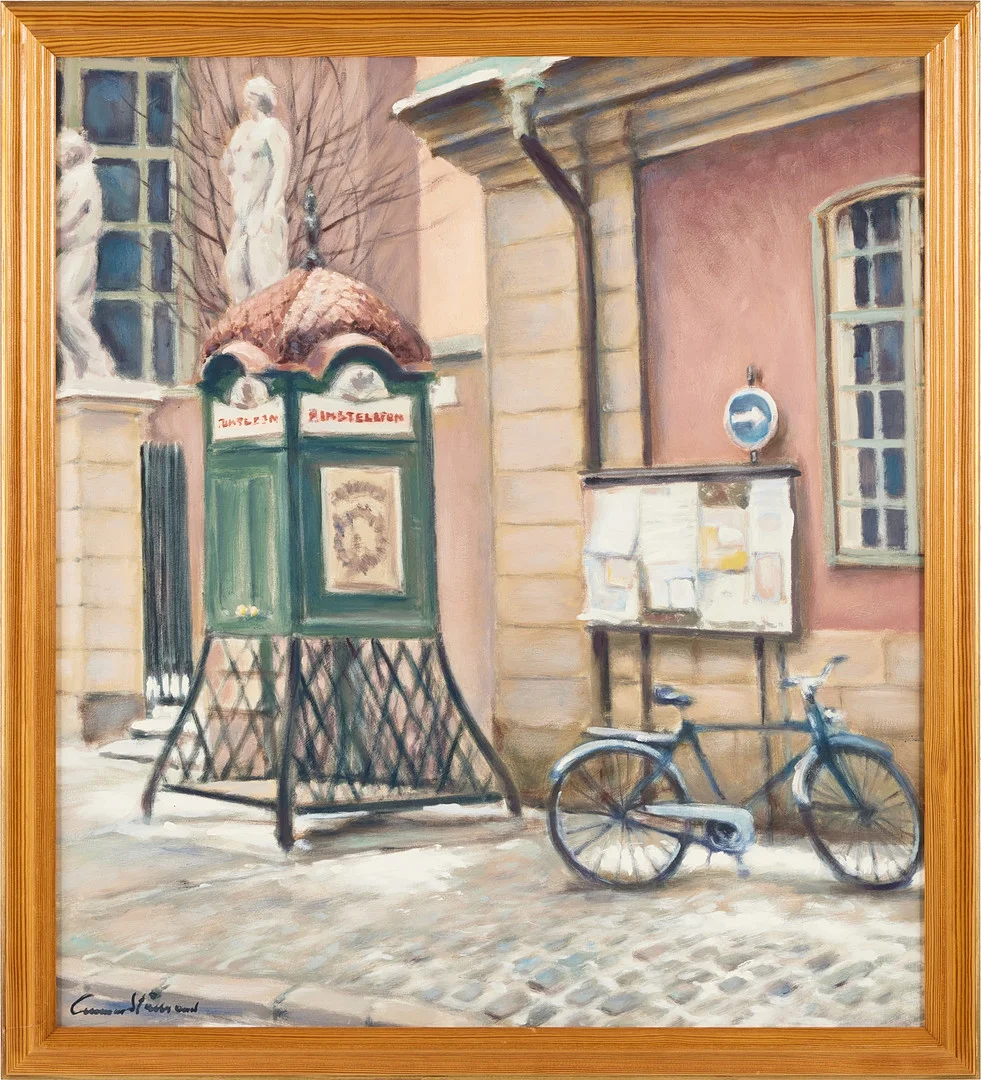 GUNNAR STÅLBRAND. "Telefonkiosk", olja på duk, signerad. — Paintings — Stockholms Auktionsverk Magasin 5