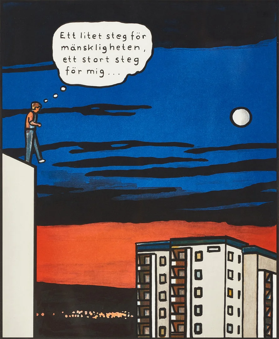 JAN STENMARK (född 1949), "Ett litet steg för mänskligheten, ett stort steg för mig...", signerad och numrerad 151/190, fine art-print/konsttryck. — Engravings & Prints — Crafoord Auktioner Stockholm