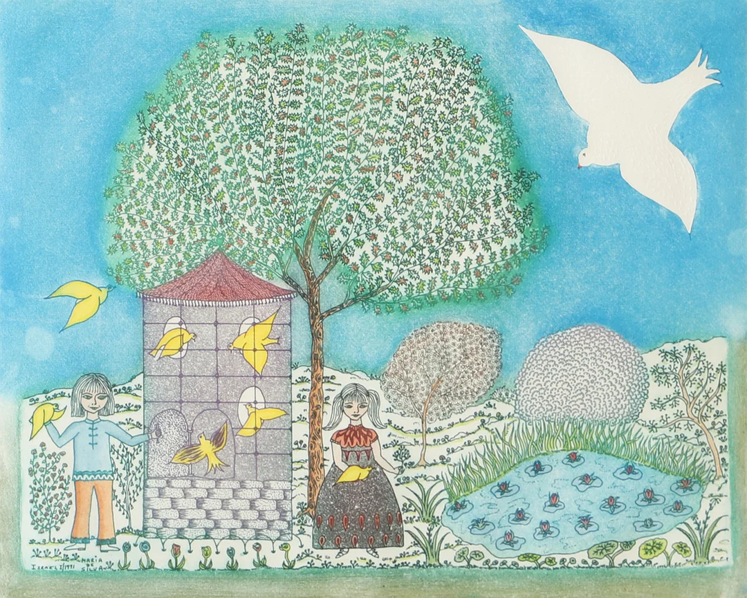 OIDENTIFIERAD KONSTNÄR. "Palomitas", färgetsning, signerad Maria de Silva. — Engravings & Prints — Helsingborgs Auktionskammare