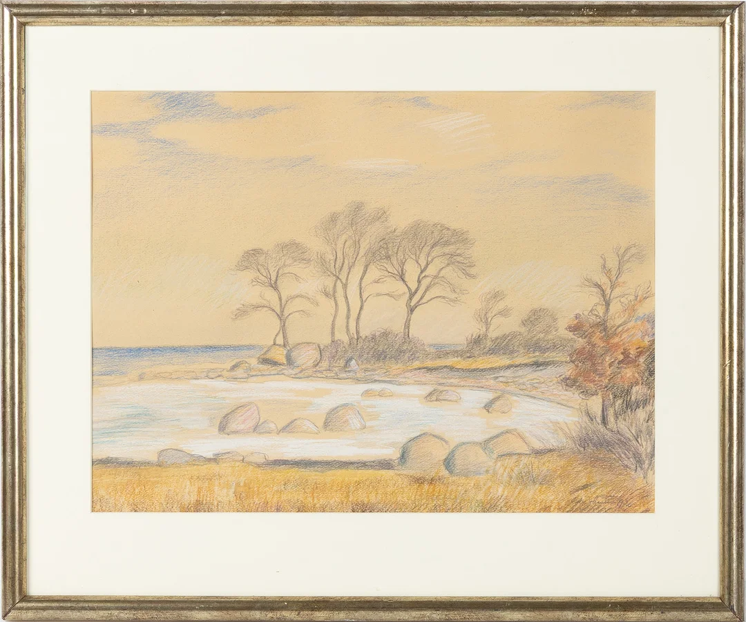 HELGE JOHANSSON. Kustlandskap, krita, signerad och daterad 1920. — Drawings — Stockholms Auktionsverk Helsingborg