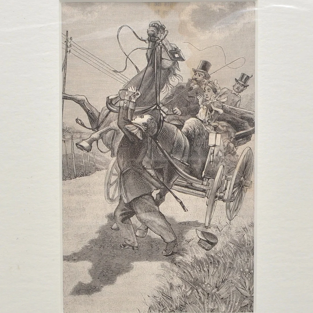 UNFALLSZENE MIT KUTSCHER, STAHLSTICH, UM 1895, IM PASSEPARTOUT. — Engravings & Prints — Kunst- und Auktionshaus Kleinhenz