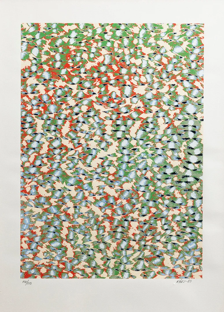 OLLE KÅKS. Abstrakt komposition, färglitografi, signerad, numrerad och daterad, 107/150, -80. — Engravings & Prints — Auktionshuset Kolonn