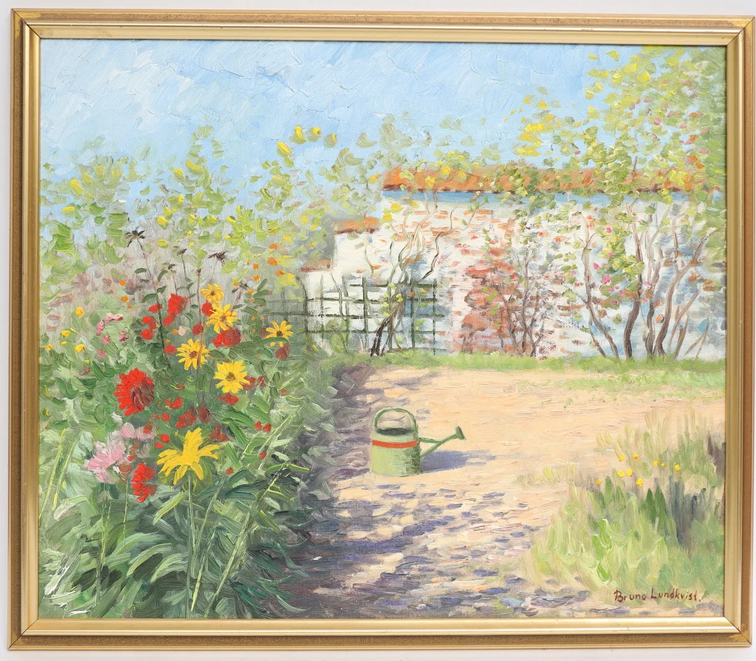 BRUNO LUNDKVIST. Landskap med blommor, oljemålning på duk, signerad. — Paintings — Falun Auktionsbyrå