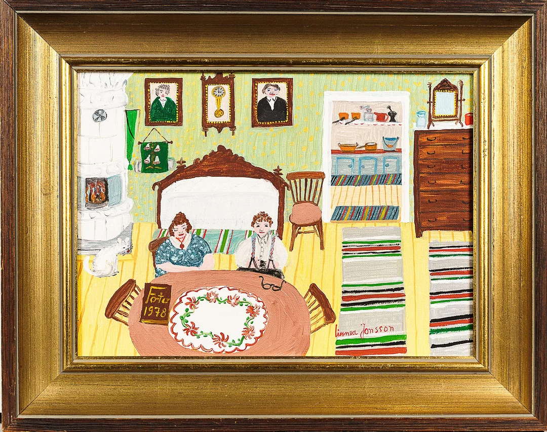 LINNEA JONSSON. Olja på duk, "Fotografering i kammaren", Signerad. — Paintings — Norrlands Auktionsverk