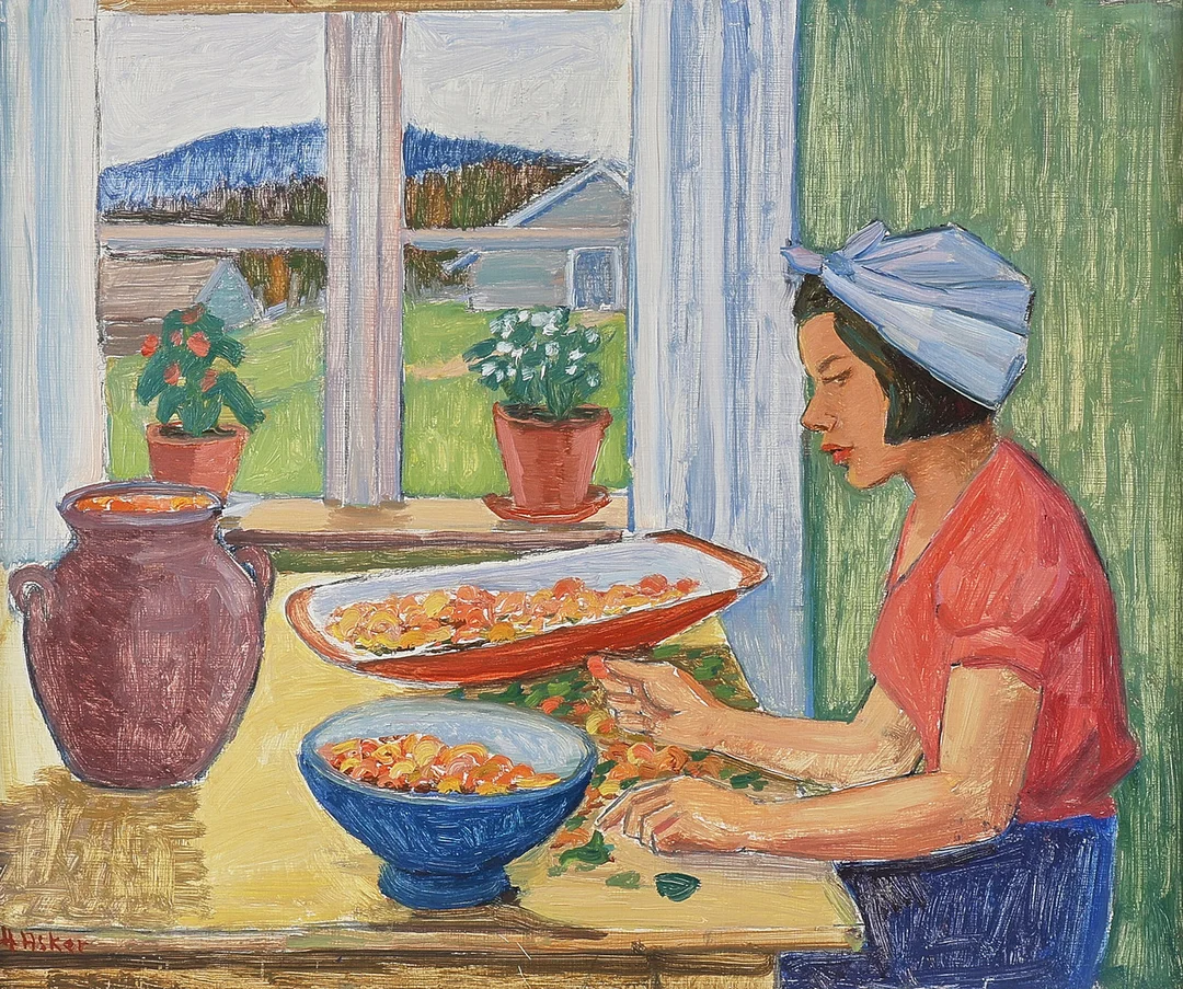 HELGE ASKER. Oljemålning, signerad, Bärrensning. — Paintings — Metropol Auktioner