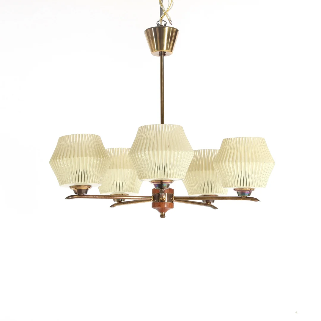 TAKPENDEL, teak och glas, Sverige 1950-tal. — Ceiling lights — Auktionsverket Engelholm