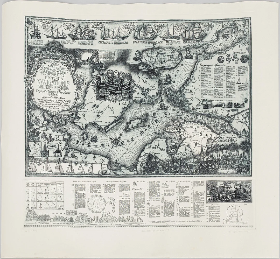 OLEV SOANS (ESTLAND, 1925–1995). "Historia navigationis Velieferae in Enstonia" karta, etsning.signerad, 1970-tal. — Engravings & Prints — Auktionshuset Kolonn