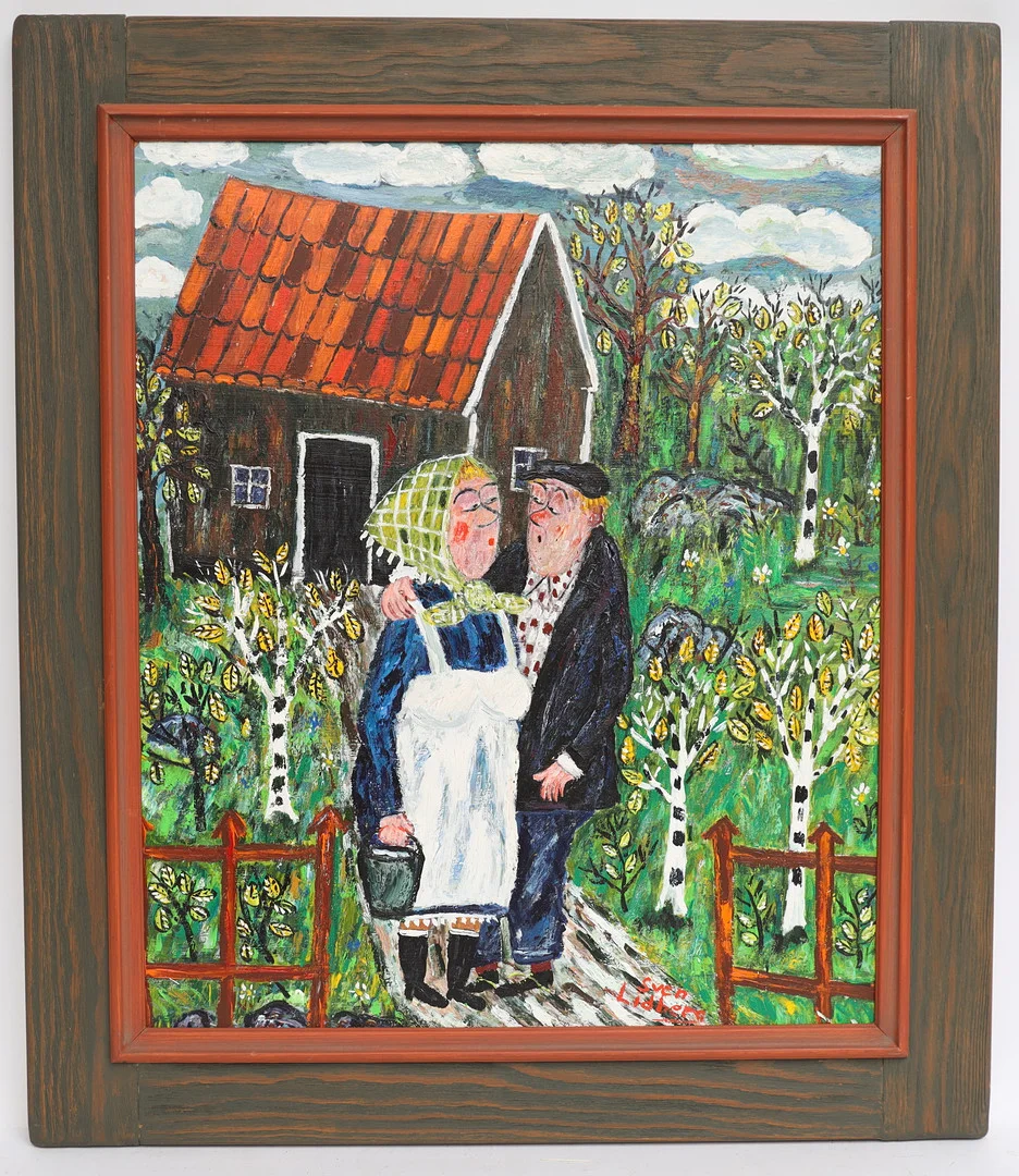 SVEN LIDBERG. Kärlekspar, oljemålning på pannå, signerad. — Paintings — Falun Auktionsbyrå
