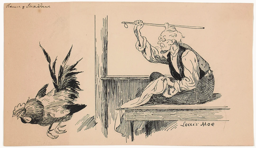 Moe, Louis — "Hanen og Skrædderen" — Kunst/Øvrig billedkunst — Blomqvist