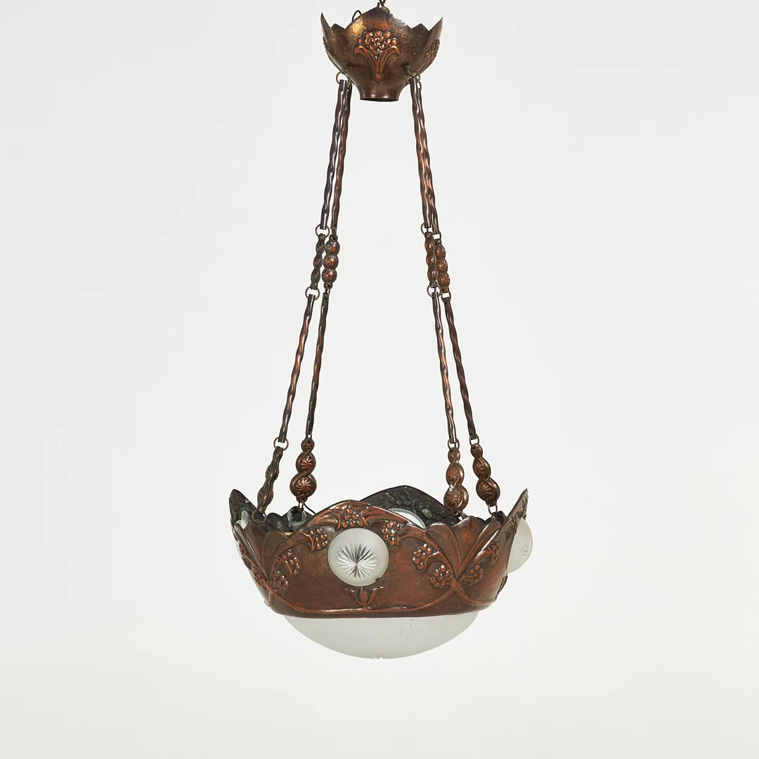 TAKLAMPA, koppar med glaskupor, tidigt 1900-tal. — Ceiling lights — Stockholms Auktionsverk Sickla