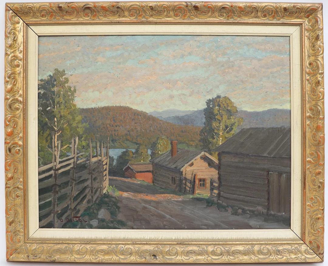 ANDERS ALTZAR. Landskap med fäbodstugor, oljemålning på duk, signerad. — Paintings — Falun Auktionsbyrå