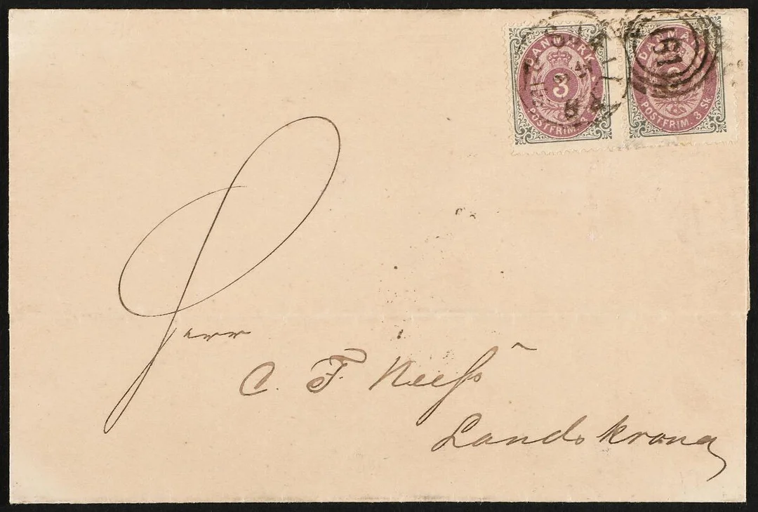 1871. 3 Skilling, grey/lilac. 4th print, pos. B25-B26. Pair on cover to Landskrona, SWEDEN. Canc. with comb. numeral canc. 181. Inside dated Khavn 5 Marts 1874 — Stamps, Covers & Postal History/Denmark/1870-udgave — Bruun Rasmussen