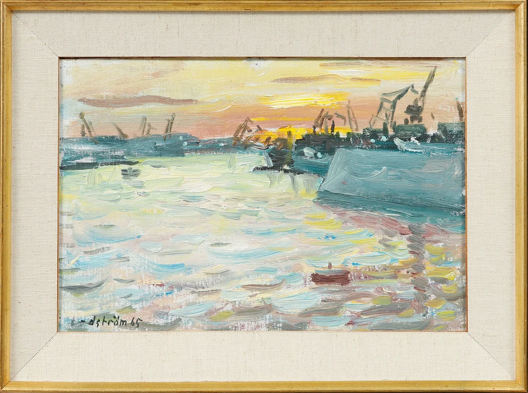 GEORG LODSTRÖM. Göteborgs hamn, olja på duk, signerad och daterad 65. — Paintings — Göteborgs Auktionsverk
