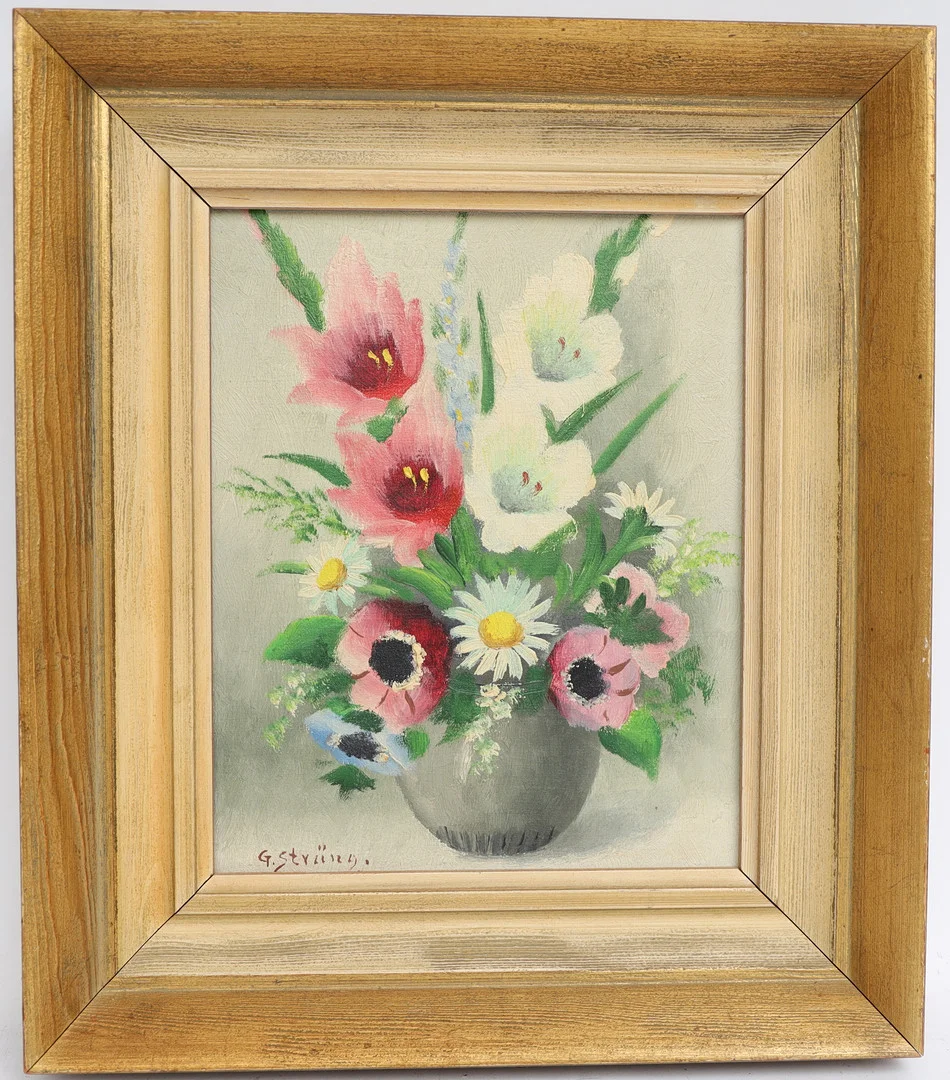 OIDENTIFIERAD KONSTNÄR. Motiv med blomster, oljemålning på duk, signerad G sträng. — Paintings — Falun Auktionsbyrå