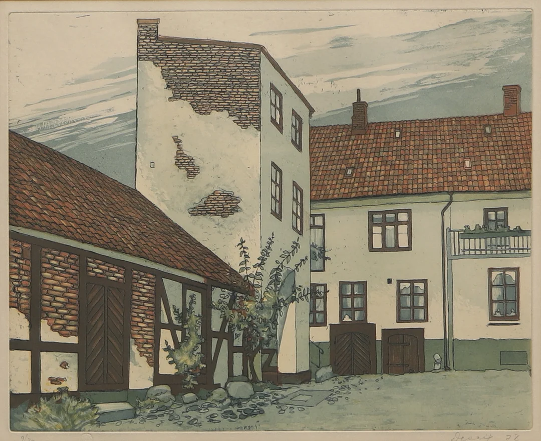OIDENTIFIERAD KONSTNÄR. Färgetsning, bakgård, signerad och daterad 78, numrerad 9/30. — Engravings & Prints — Ekenbergs Auktioner