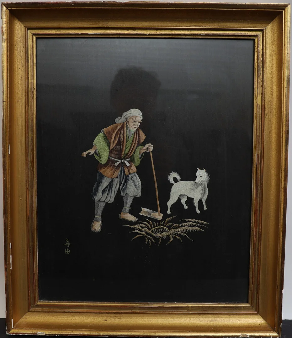 BRODERI, asien, man med hund, signerad. — Textiles — Falun Auktionsbyrå