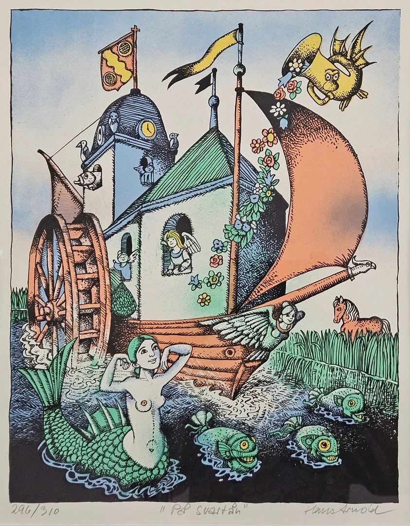 HANS ARNOLD. "På Svartån". Färglitografi, signerad Hans Arnold och numrerad 296/310. — Engravings & Prints — Auktionshuset Thörner & Ek
