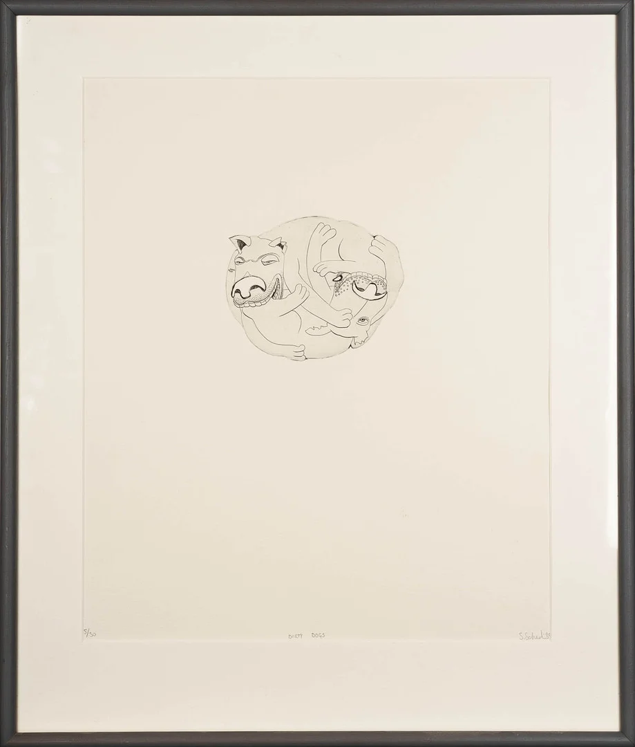 STELLAN SCHEDIN. Kopparstick, "Dirty Dogs", Signerad, Numrerad: 5/30, 1989. — Engravings & Prints — Norrlands Auktionsverk