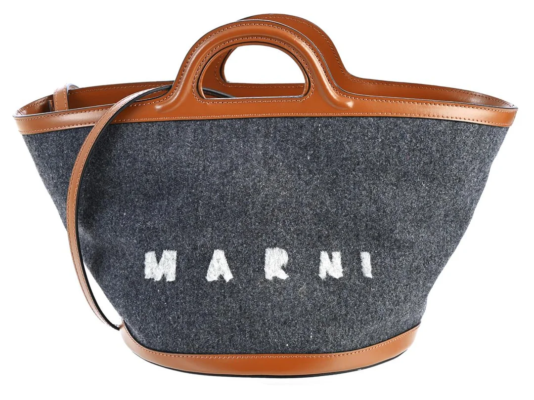 VÄSKA, MARNI, brunt läder, grå filt, guldfärgade beslag, 23,5x21x20 cm, avtagbar axelrem, dustbag. — Accessoarer/Väskor — Kaplans