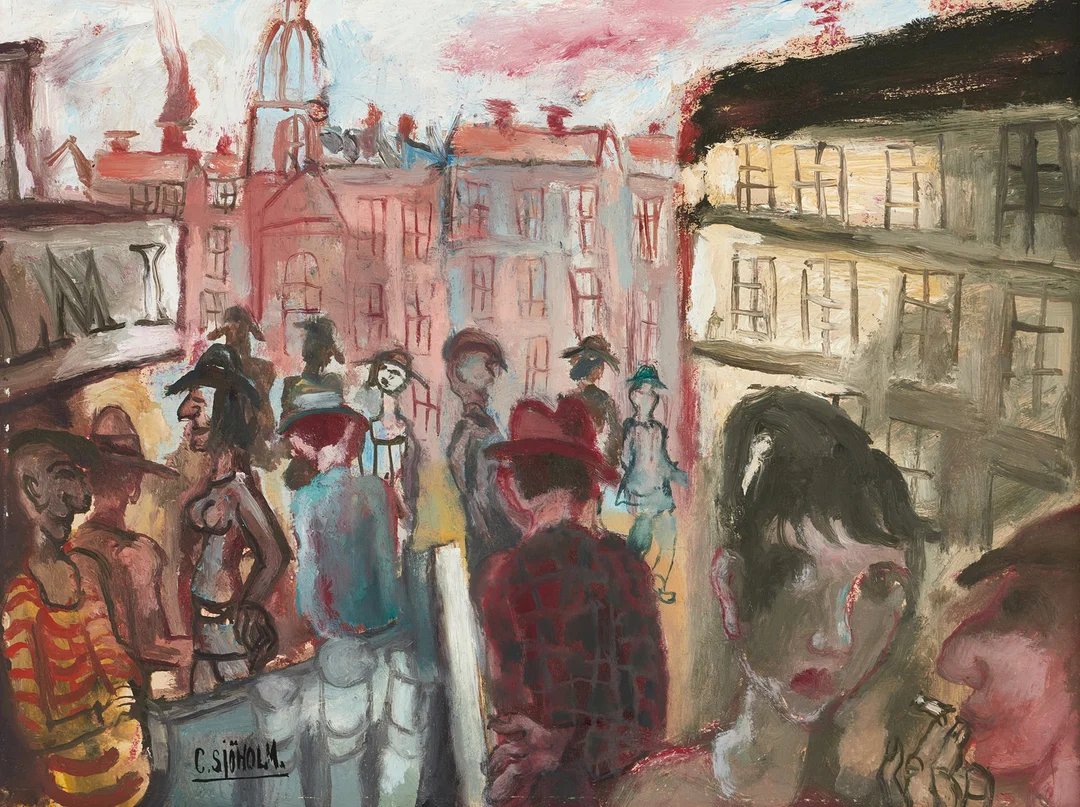 CHARLES SJÖHOLM (Född 1933). Gatuscen, Stockholm, signerad, olja på pannå. — Paintings — Crafoord Auktioner Stockholm