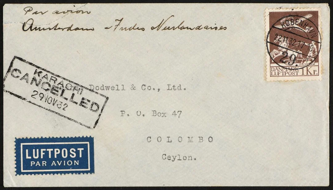 1929. Airmail. 1 Kr. brown. Single on airmaiol cover from København 22.11.32 to Ceylon — Stamps, Covers & Postal History/Denmark/Bogtryk — Bruun Rasmussen