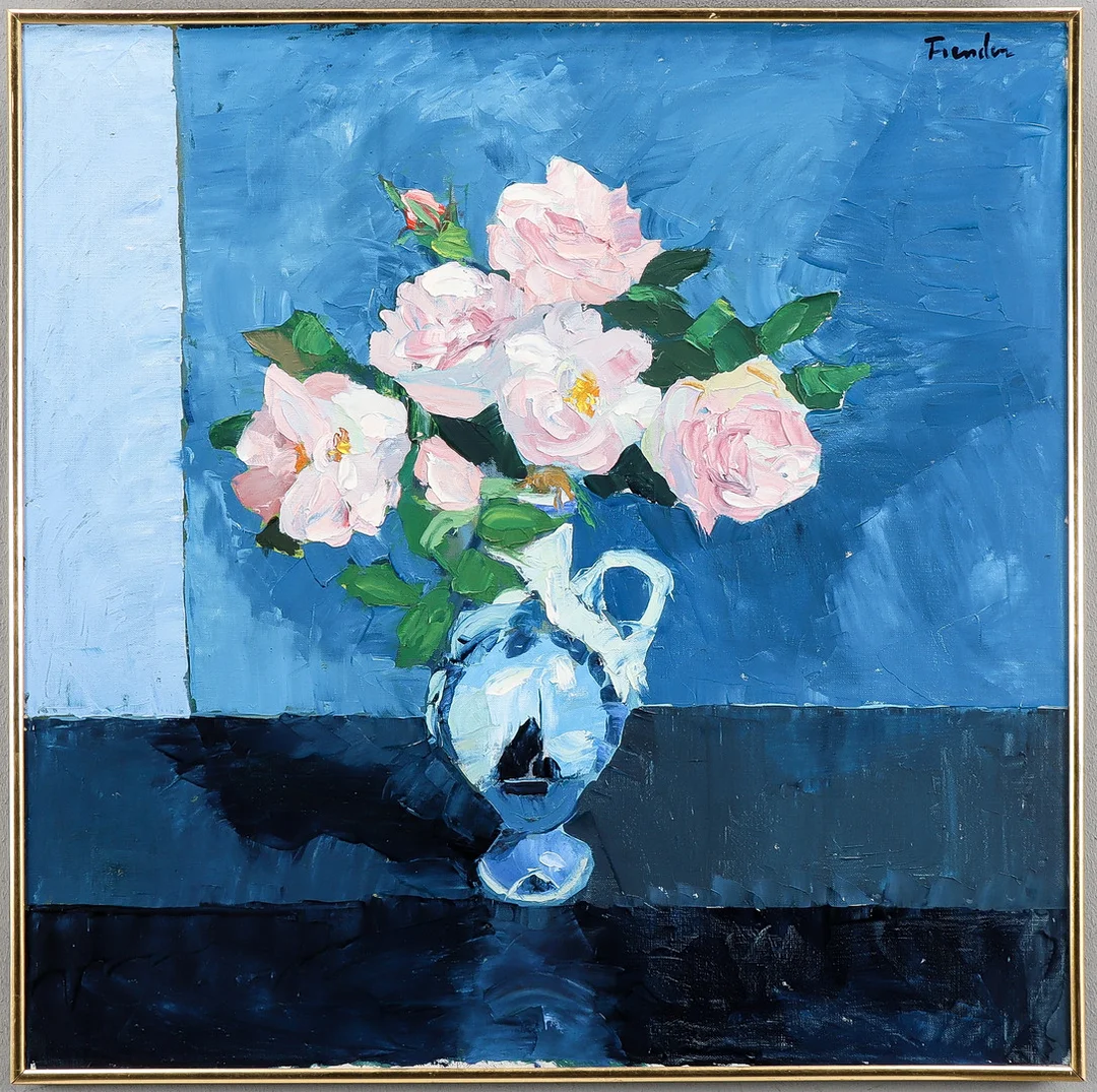 HELGE FRENDER. Stilleben med rosor i vas. — Paintings — Karlstad Hammarö Auktionsverk