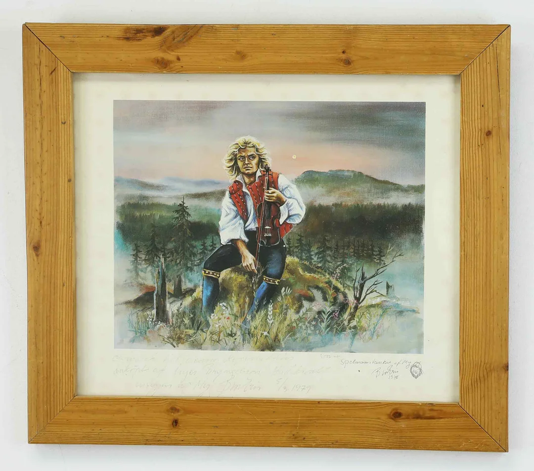 BROR ERIC BERGKVIST. Tryck, efter "Spelman på Rusvallen", signerad och daterad 1979. — Engravings & Prints — Hälsinglands Auktionsverk