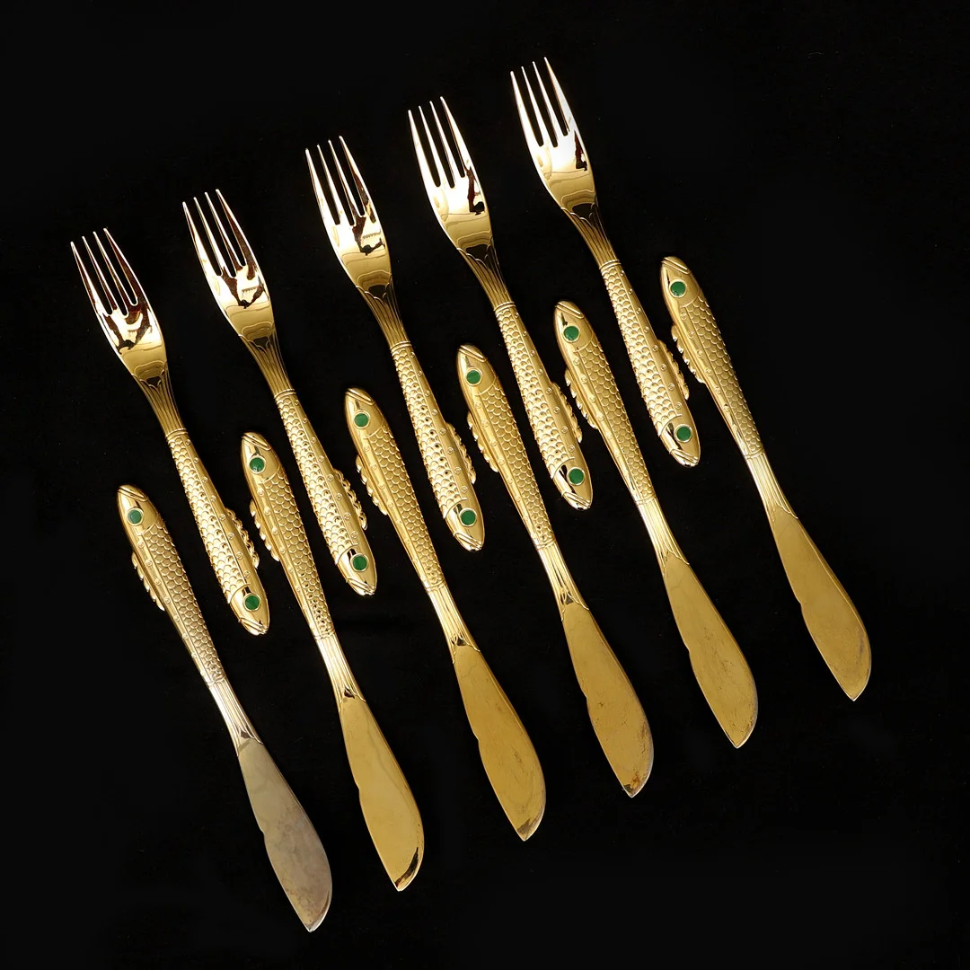 GUNNAR CYRÉN. FISKBESTICK, 5+6 delar, förgyllt stål, "Nobel". Yamazaki. — Miscellaneous — Crafoord Auktioner Malmö