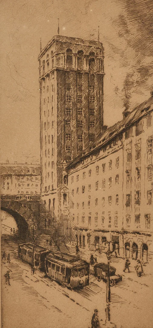 EMIL HÄLLGREN (1889–1944). "Babel", (Kungstornen, Stockholm), signerad och daterad 1923, etsning. — Engravings & Prints — Crafoord Auktioner Stockholm