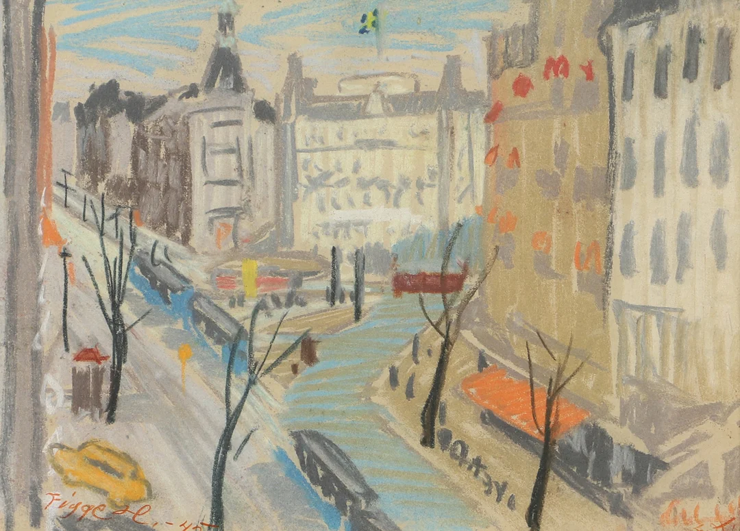 FIGGE HOLMGREN. Stadsbild, blandteknik, signerad Figge H. -45. — Paintings — Helsingborgs Auktionskammare