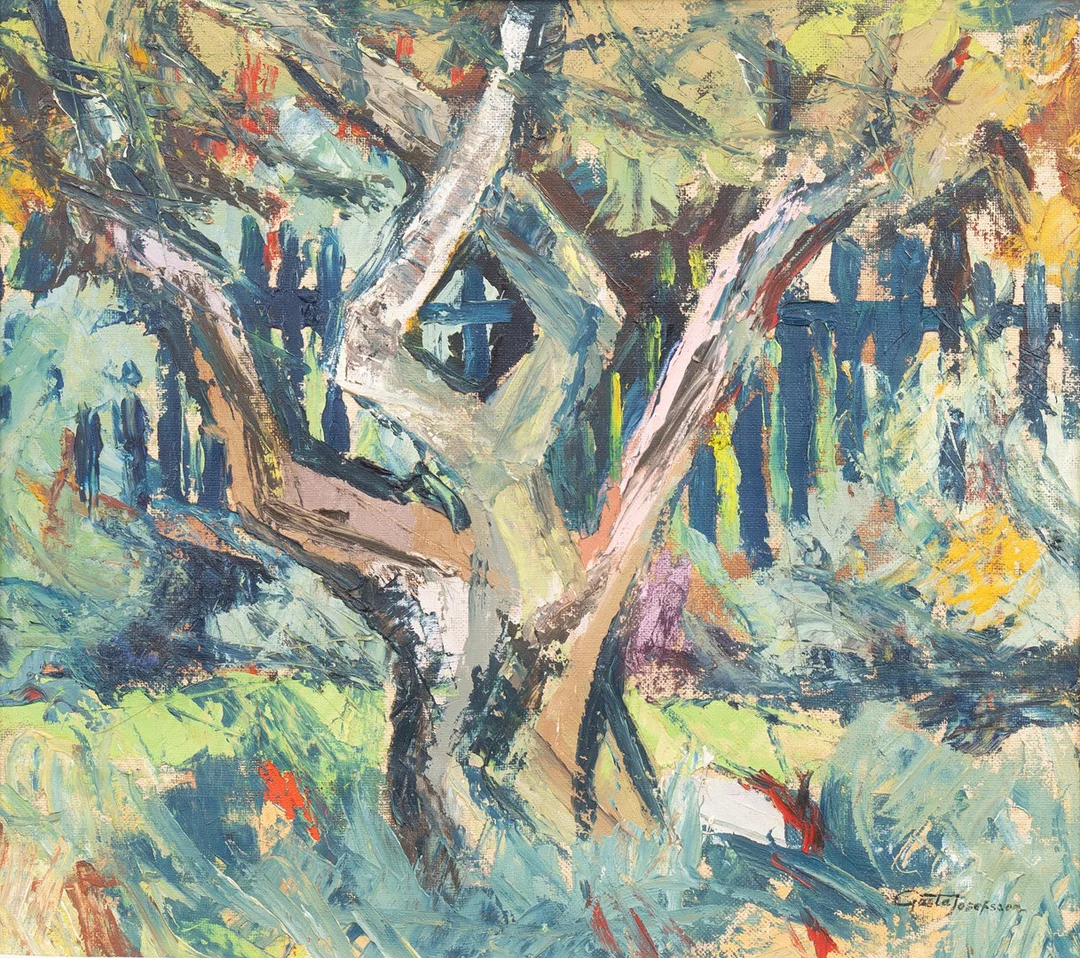 GÖSTA JOSEFSSON (1900-TAL). Trädstam i trädgård, olja på pannå, signerad. — Paintings — Garpenhus Auktioner