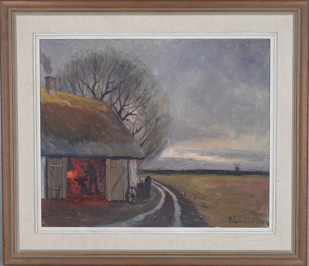 NILS LANDZELIUS. "Bysmedjan Öland", olja på duk, signerad. — Paintings — Gomér & Andersson Norrköping