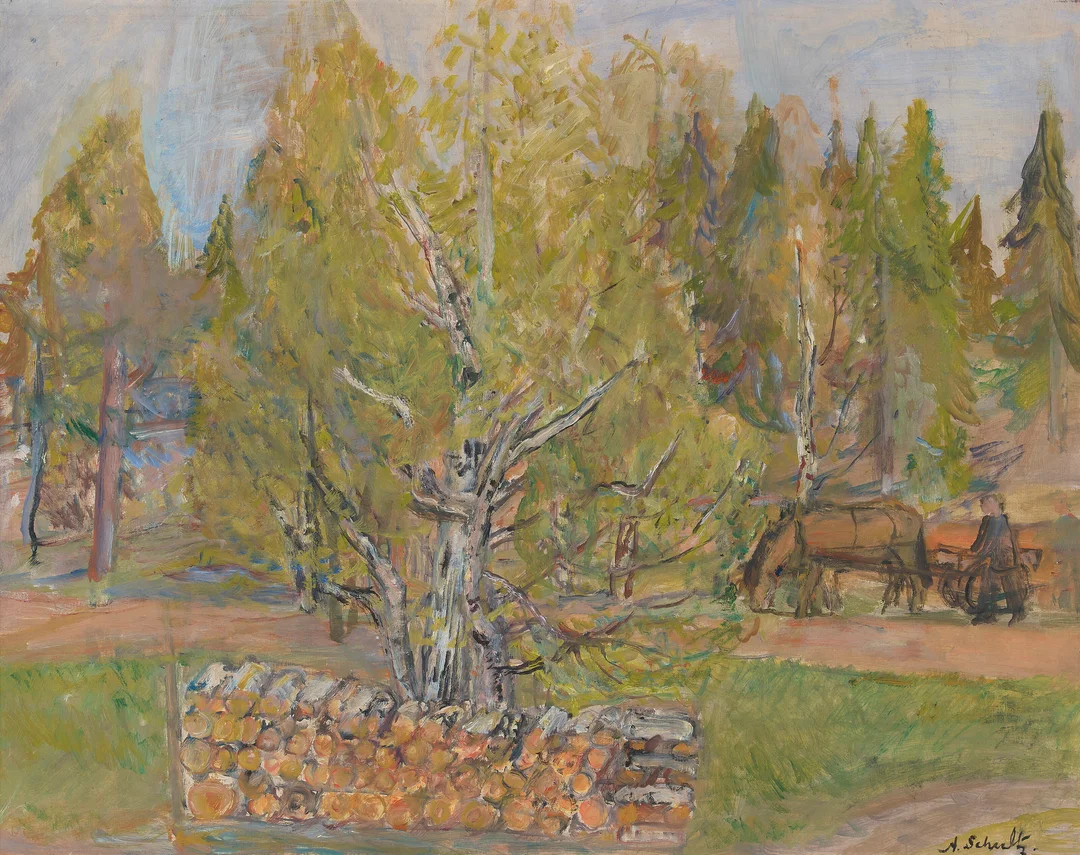 Schultz, Alexander — Landskap med vedstabel — Kunst/Maleri — Blomqvist
