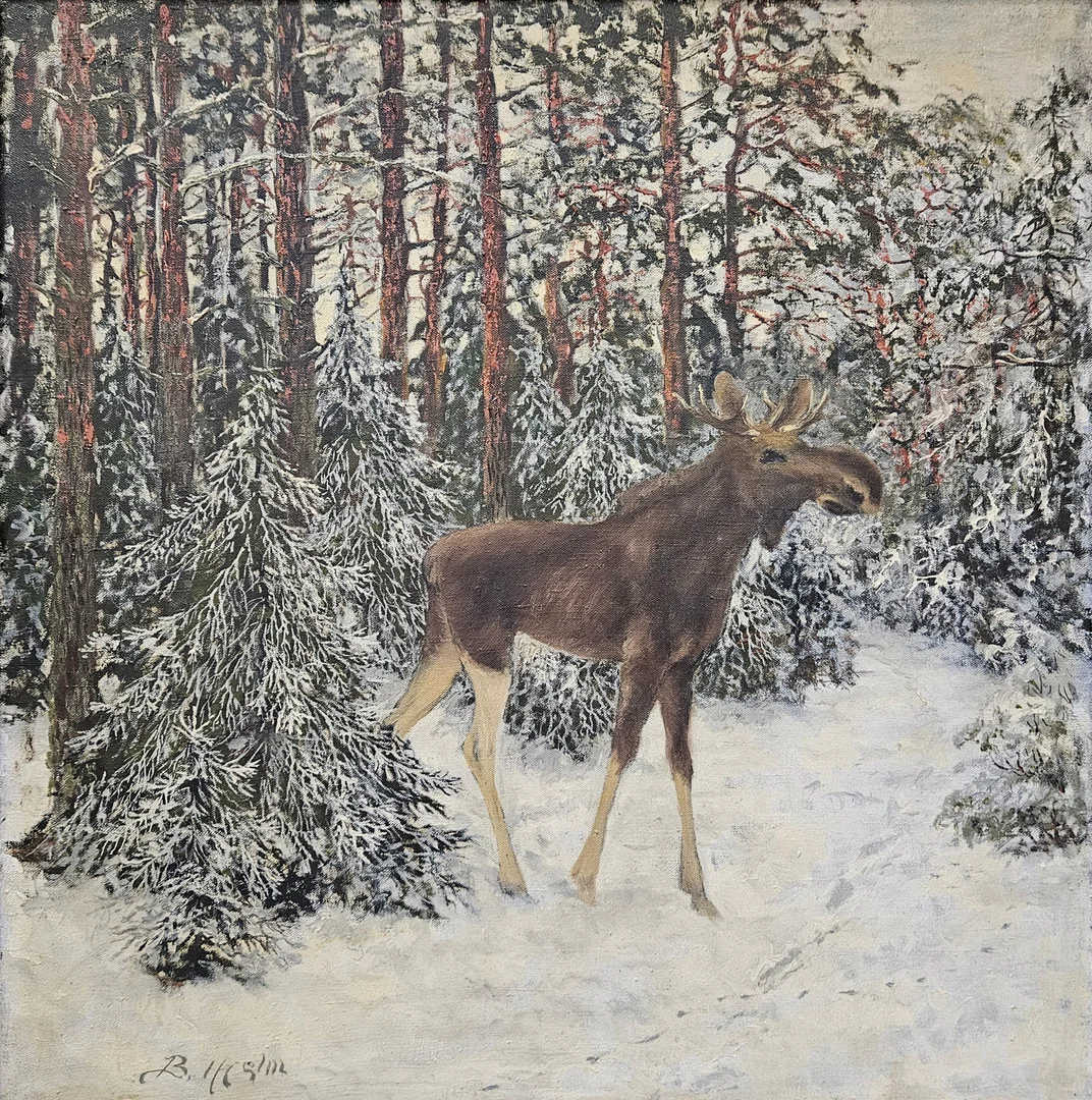 BIRGER HJELM. Älg i vinterlandskap. Olja på duk, signerad B. Hjelm. — Paintings — Auktionshuset Thörner & Ek