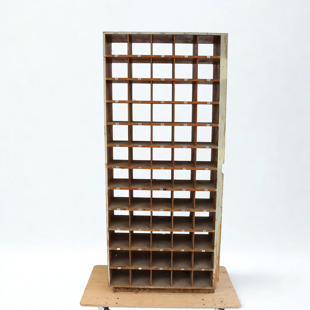 HYLLA MED FACKINREDNING, 60st fack, 1900-talets början, furu, med emaljerade skyltar. — Cupboards, Cabinets & Shelves — Falun Auktionsbyrå