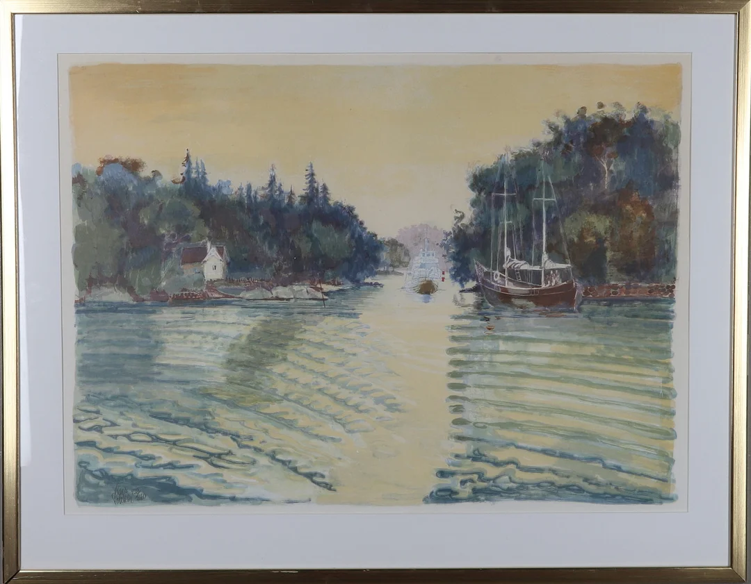 CLAES FOLCKER. Färglitografi, skärgårdsmiljö, signerad och numrerad 238/360. — Engravings & Prints — Gomér & Andersson Norrköping
