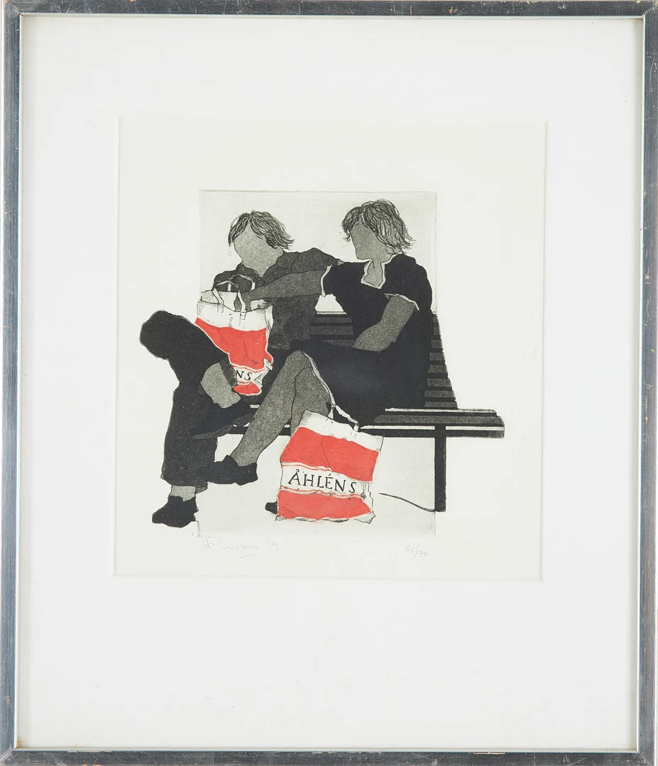 ALAIN SOUCASSE. Figurkomposition med Åhléns kassar, etsning, signerad, daterad 79 samt numrerad 61/70. — Other — Stockholms Auktionsverk Sickla