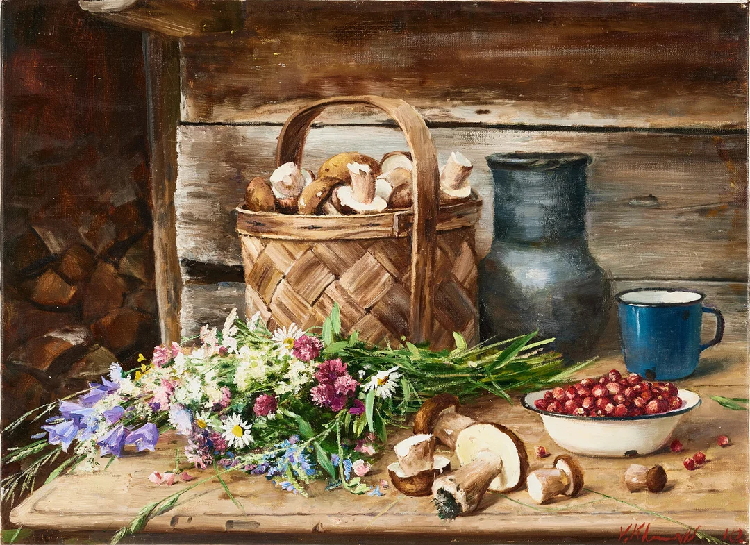 VJETESLAV KLIUCHNIKOV. (Ryssland, född 1956): Stilleben med Karljohansvamp, signerad Kliuchnikov, olja på duk. — Paintings — Stockholms Auktionsverk Magasin 5